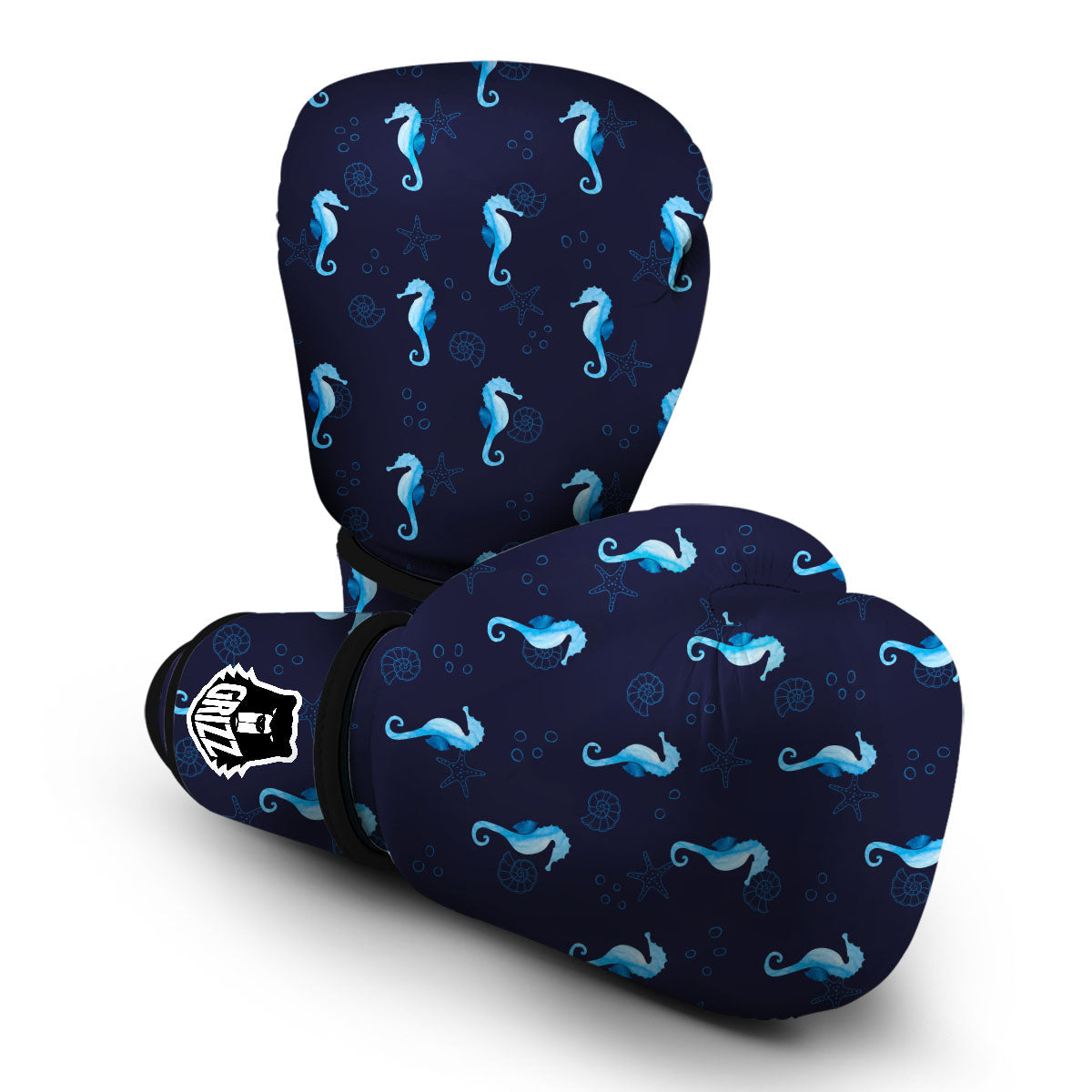 Navy Seahorse Pattern Print Boxing Gloves-grizzshop