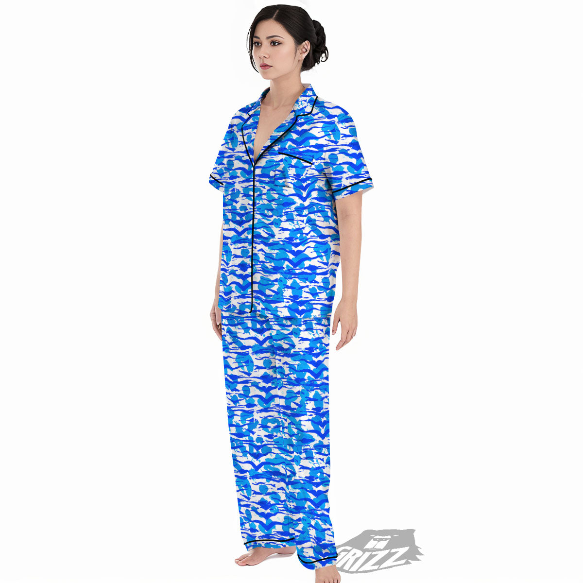 Navy Tiger Stripe Camouflage Seamless Print Pattern Women's Pajamas Set-grizzshop