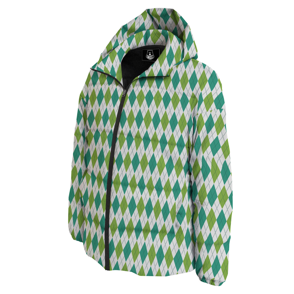 Navy White And Green Argyle Print Pattern Down Jacket-grizzshop