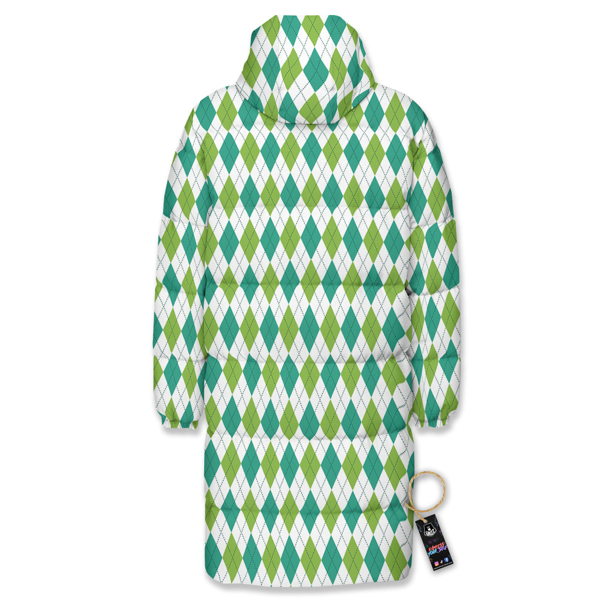 Navy White And Green Argyle Print Pattern Long Down Jacket-grizzshop