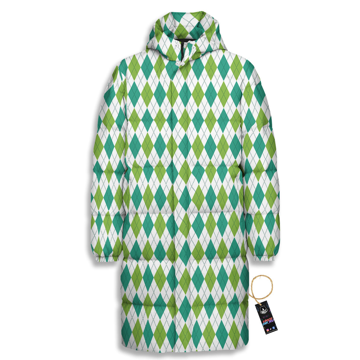 Navy White And Green Argyle Print Pattern Long Down Jacket-grizzshop