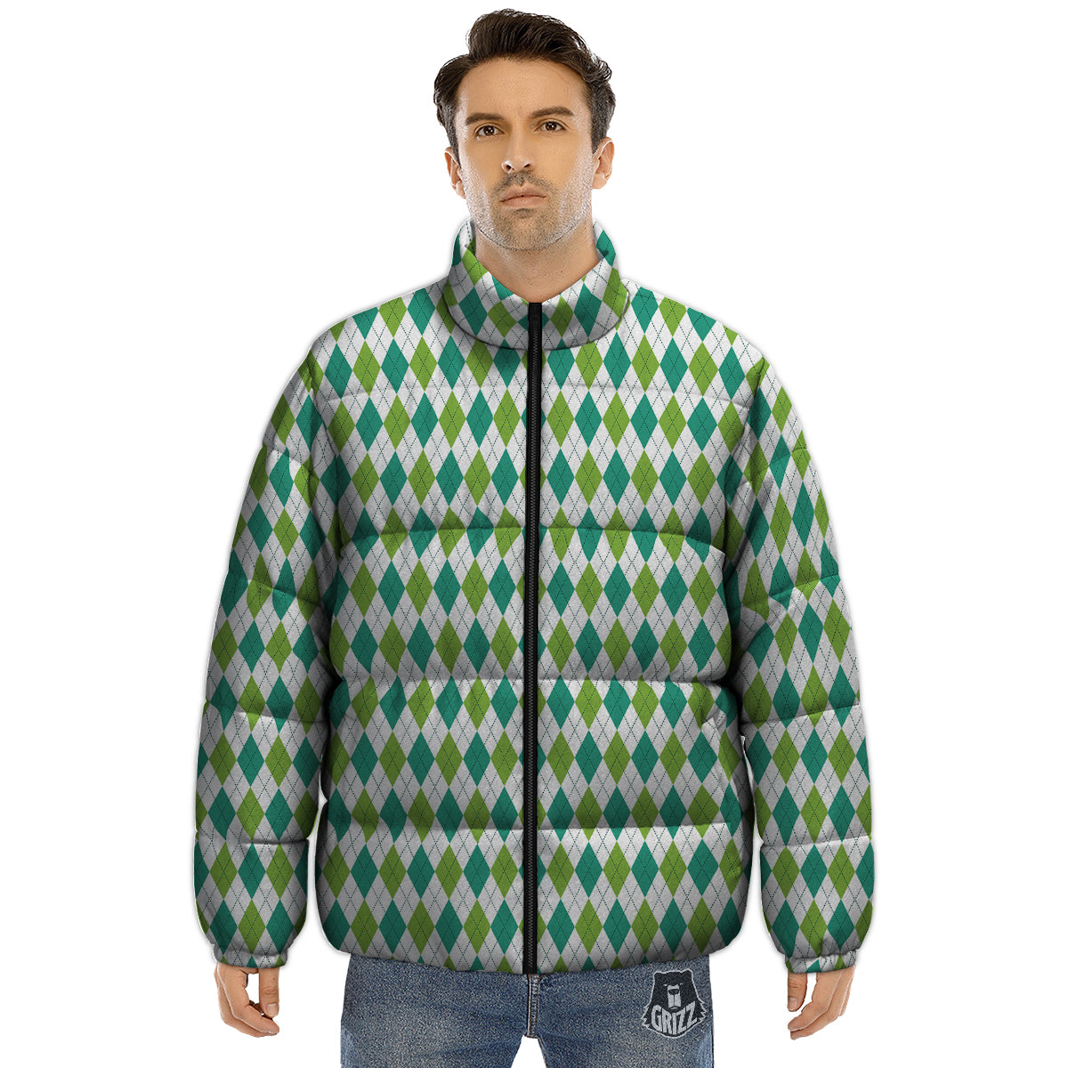 Navy White And Green Argyle Print Pattern Puffer Jacket-grizzshop