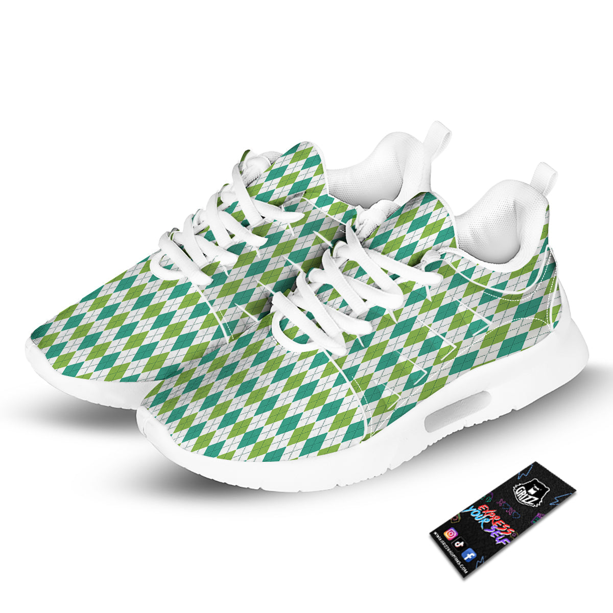 Navy White And Green Argyle Print Pattern Tennis Shoes-grizzshop