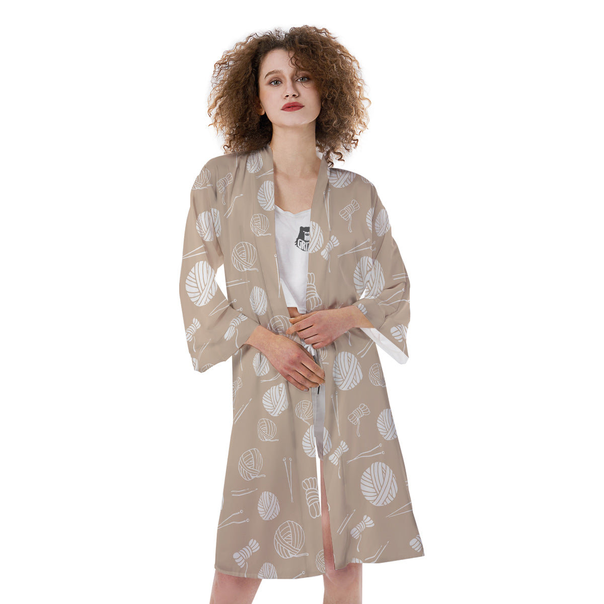 Needle And Yarn Print Pattern Kimono-grizzshop