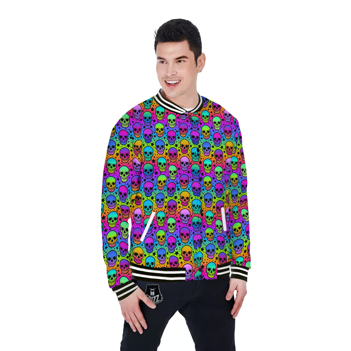 Neon Bright Human Skulls Print Pattern Baseball Jacket-grizzshop