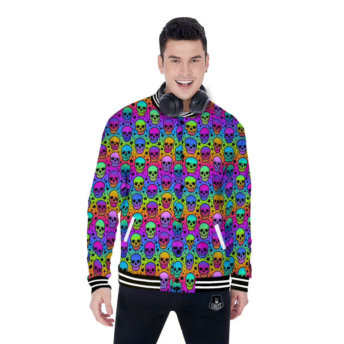 Neon Bright Human Skulls Print Pattern Baseball Jacket-grizzshop