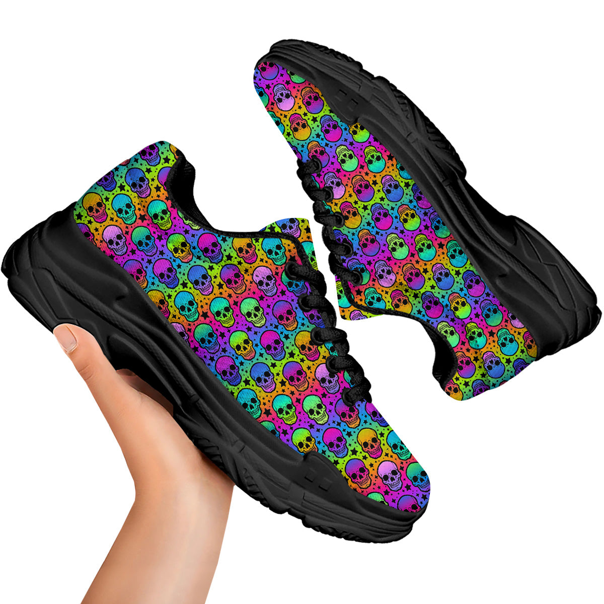 Neon Bright Human Skulls Print Pattern Black Chunky Shoes-grizzshop