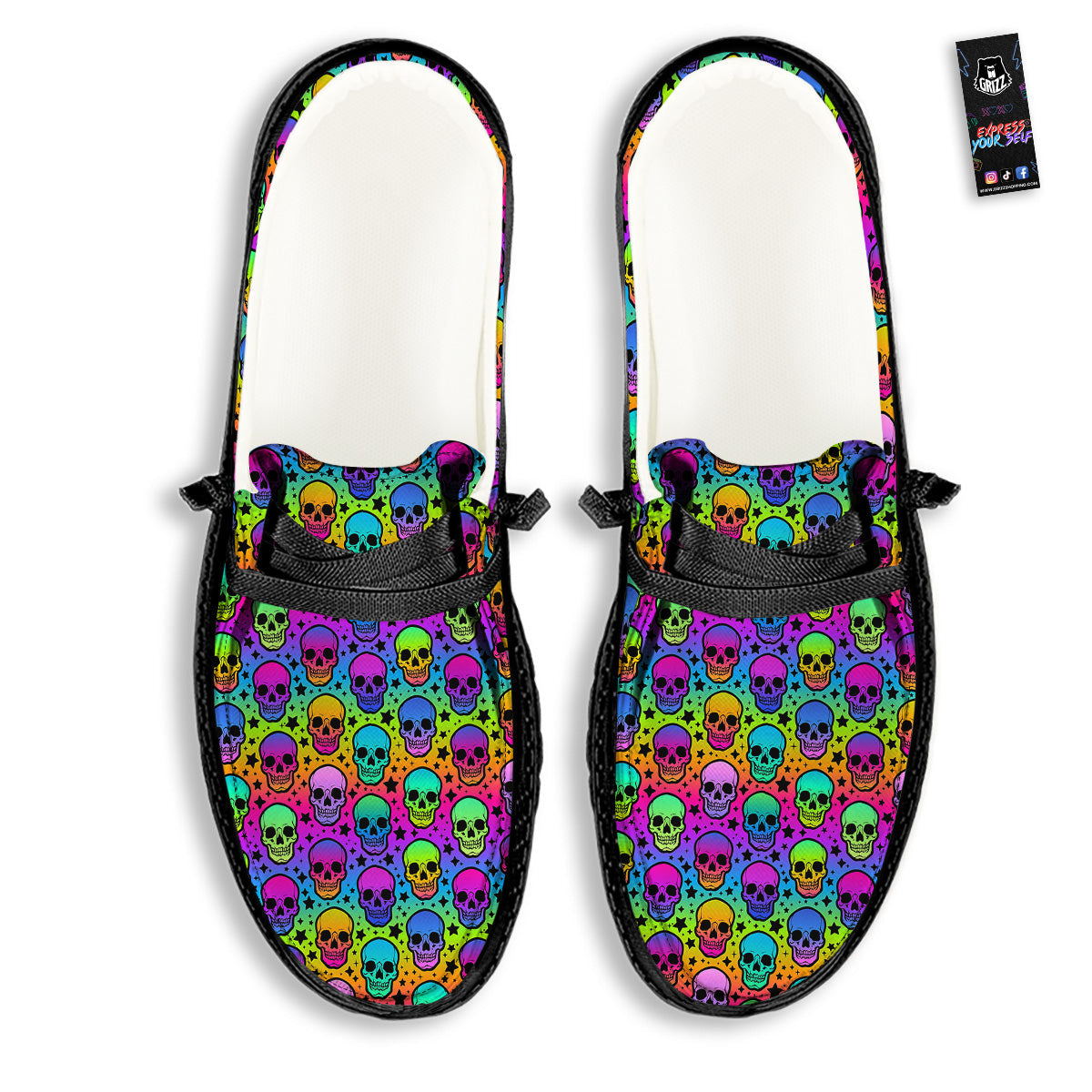 Neon Bright Human Skulls Print Pattern Black Loafers-grizzshop