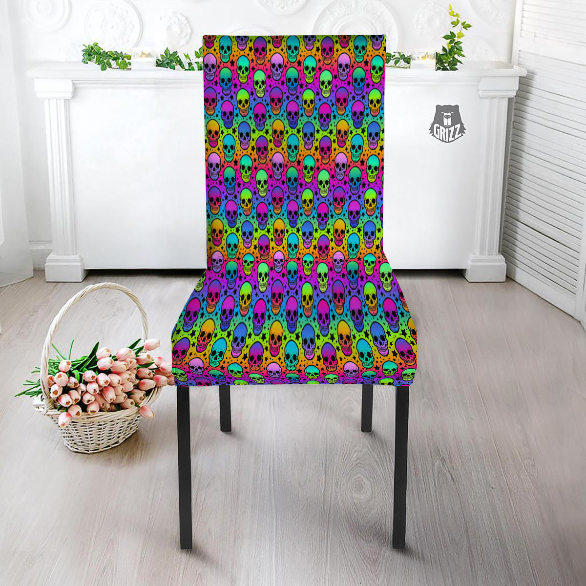 Neon Bright Human Skulls Print Pattern Dining Chair Slipcover-grizzshop