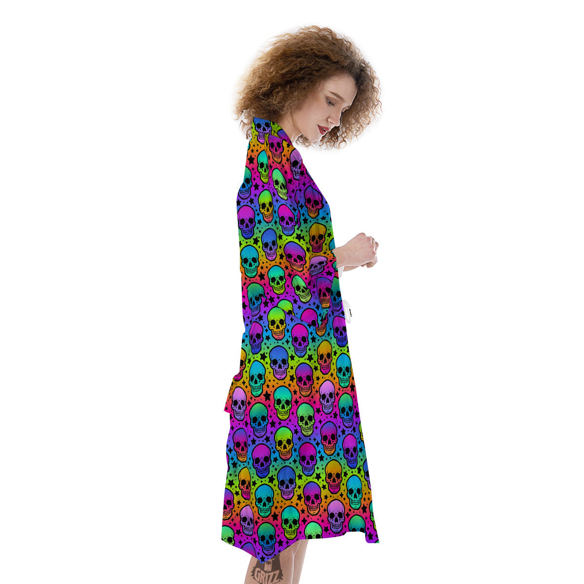 Neon Bright Human Skulls Print Pattern Kimono-grizzshop