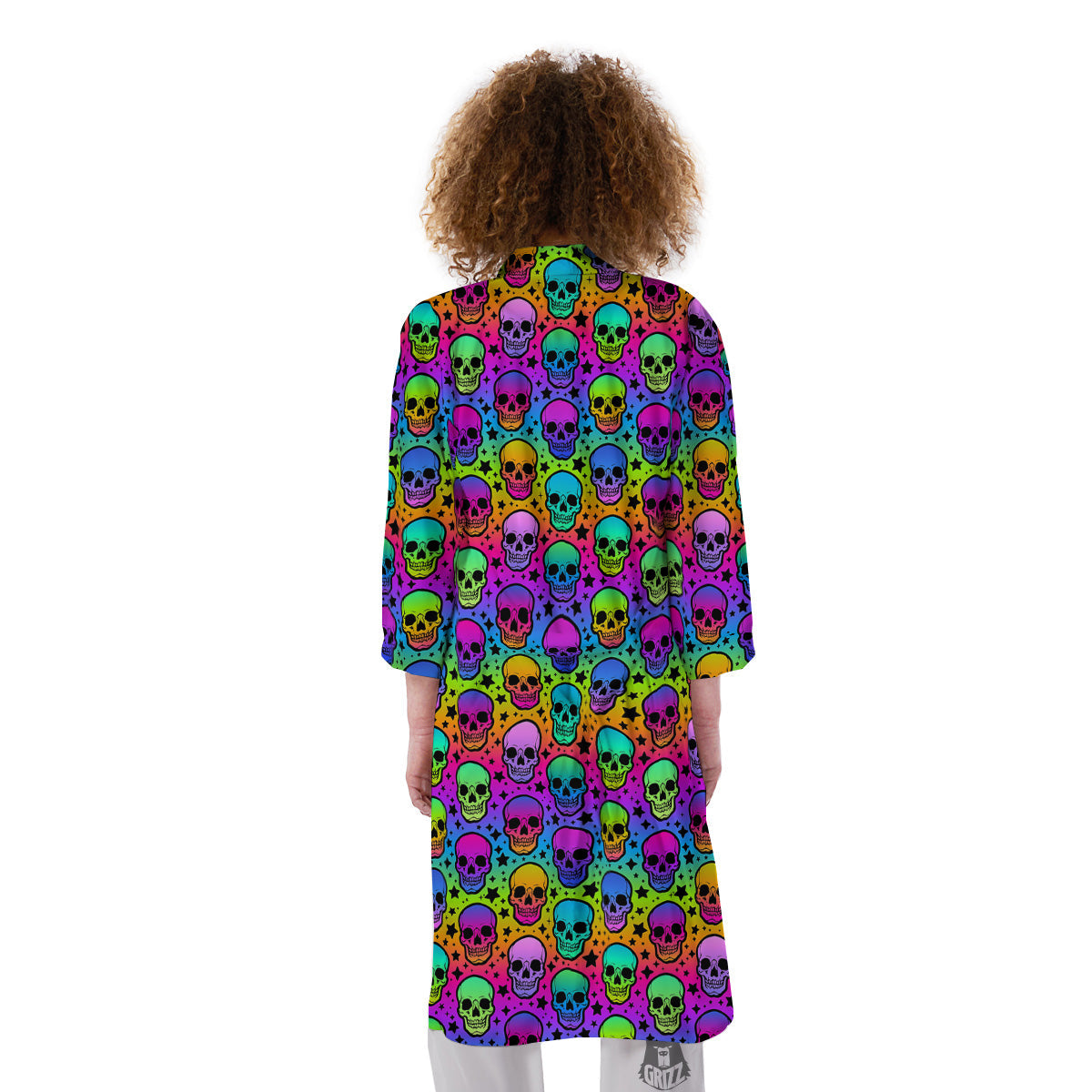 Neon Bright Human Skulls Print Pattern Kimono-grizzshop