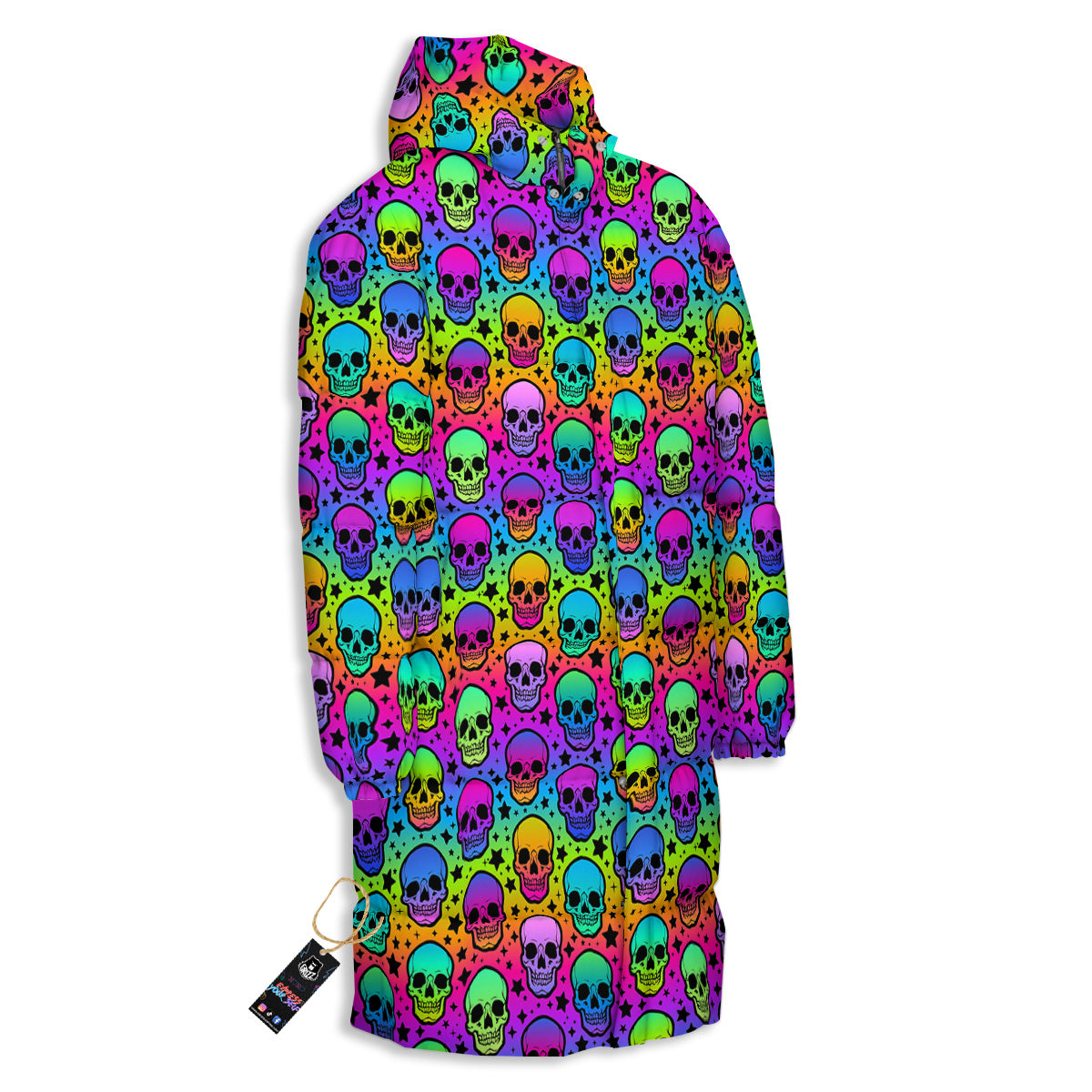 Neon Bright Human Skulls Print Pattern Long Down Jacket-grizzshop