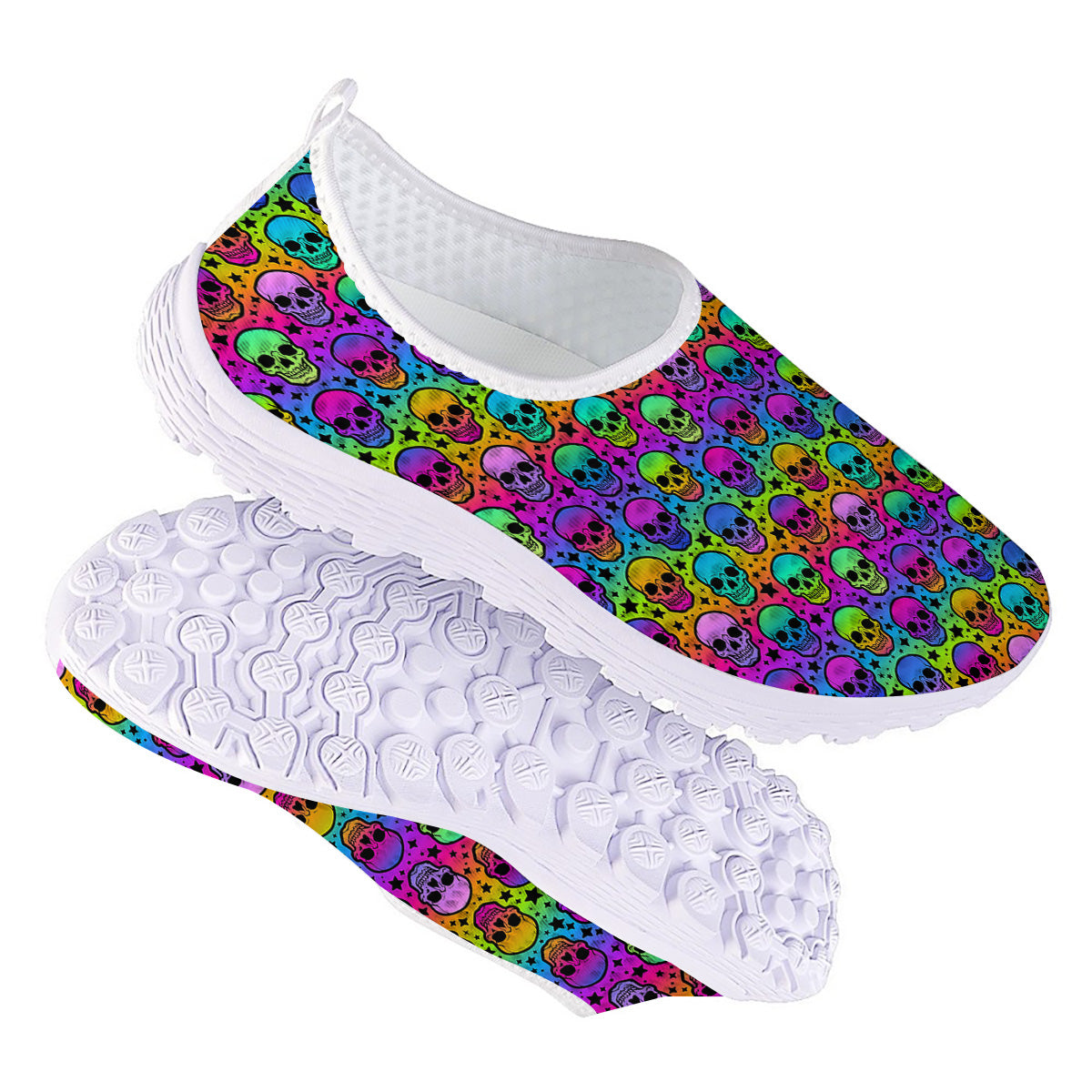 Neon Bright Human Skulls Print Pattern Nurse Shoes-grizzshop