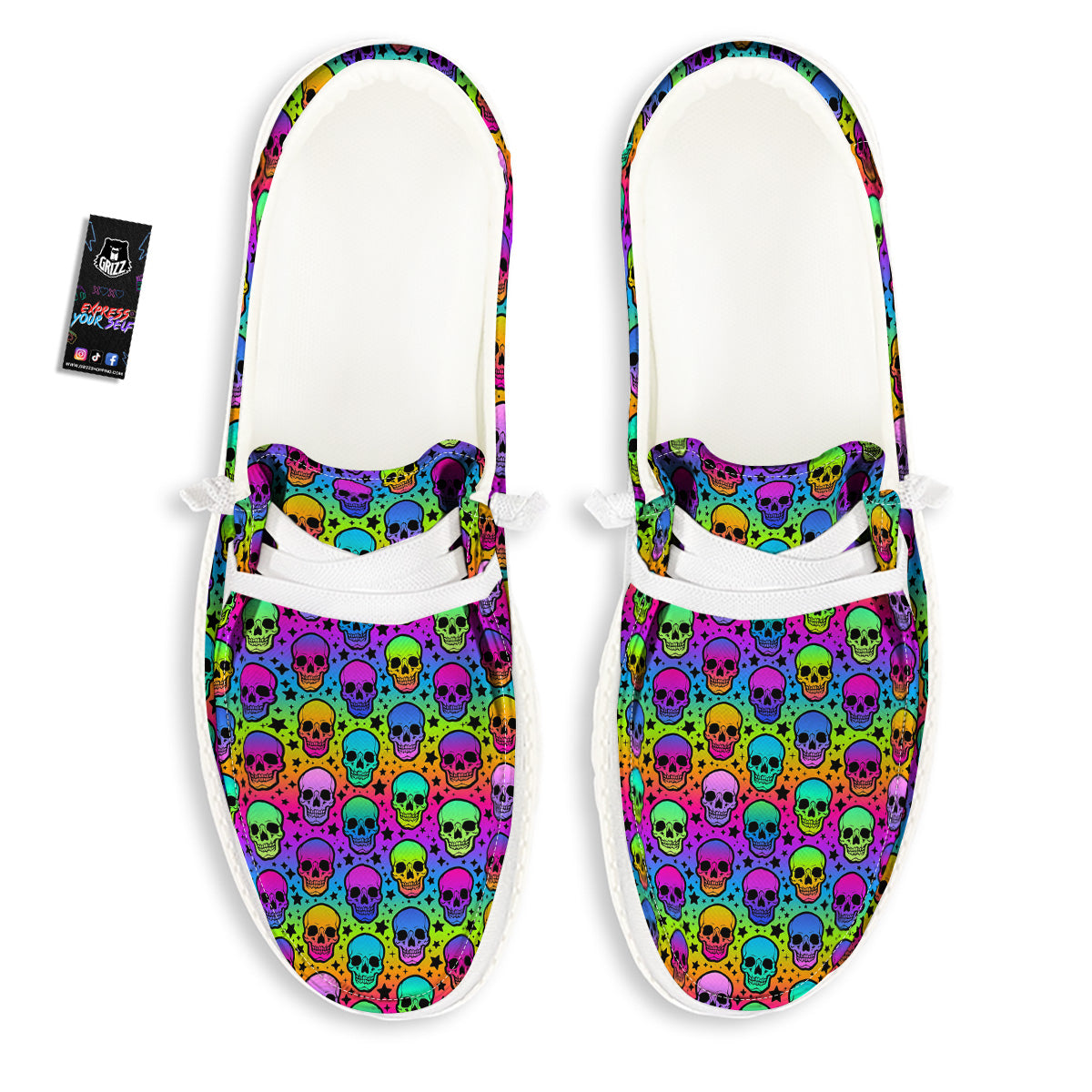 Neon Bright Human Skulls Print Pattern White Loafers-grizzshop