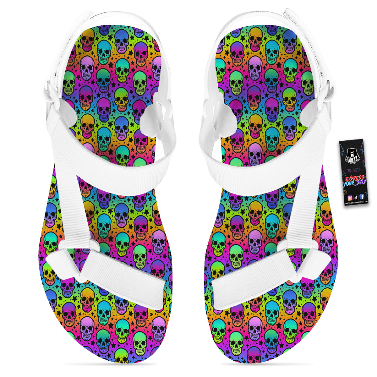 Neon Bright Human Skulls Print Pattern White Open Toe Sandals-grizzshop