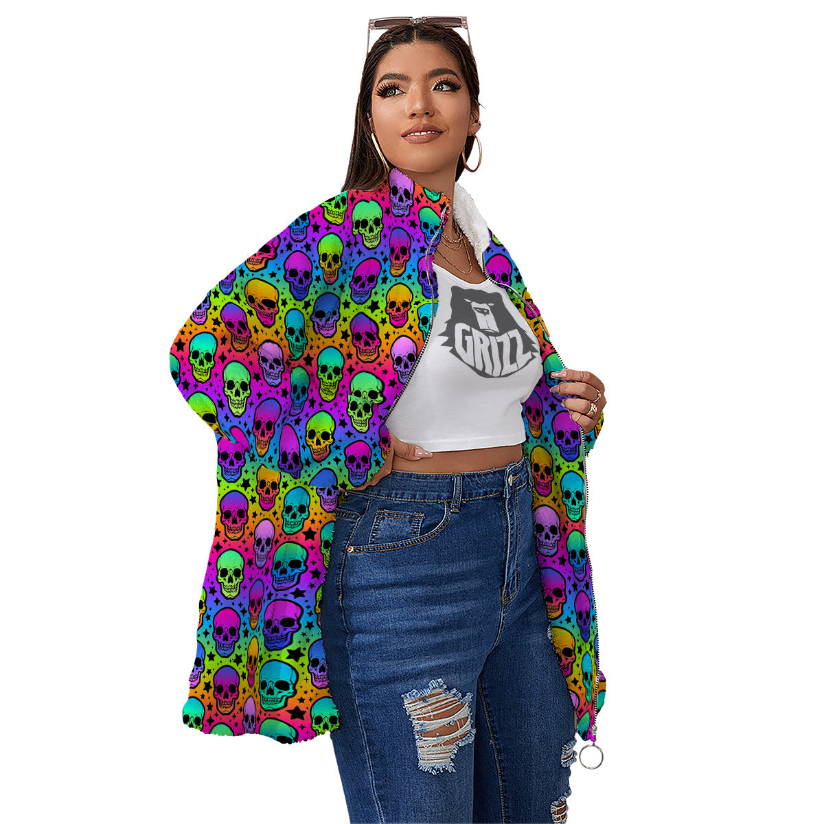 Neon Bright Human Skulls Print Pattern Women's Sherpa Jacket-grizzshop