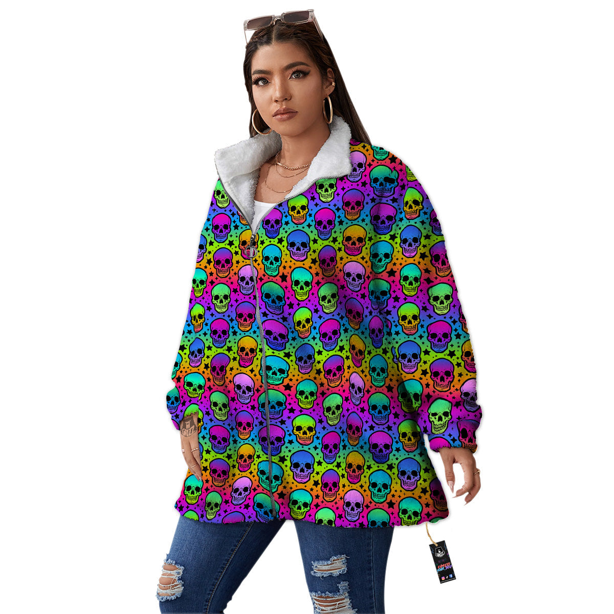 Neon Bright Human Skulls Print Pattern Women's Sherpa Jacket-grizzshop
