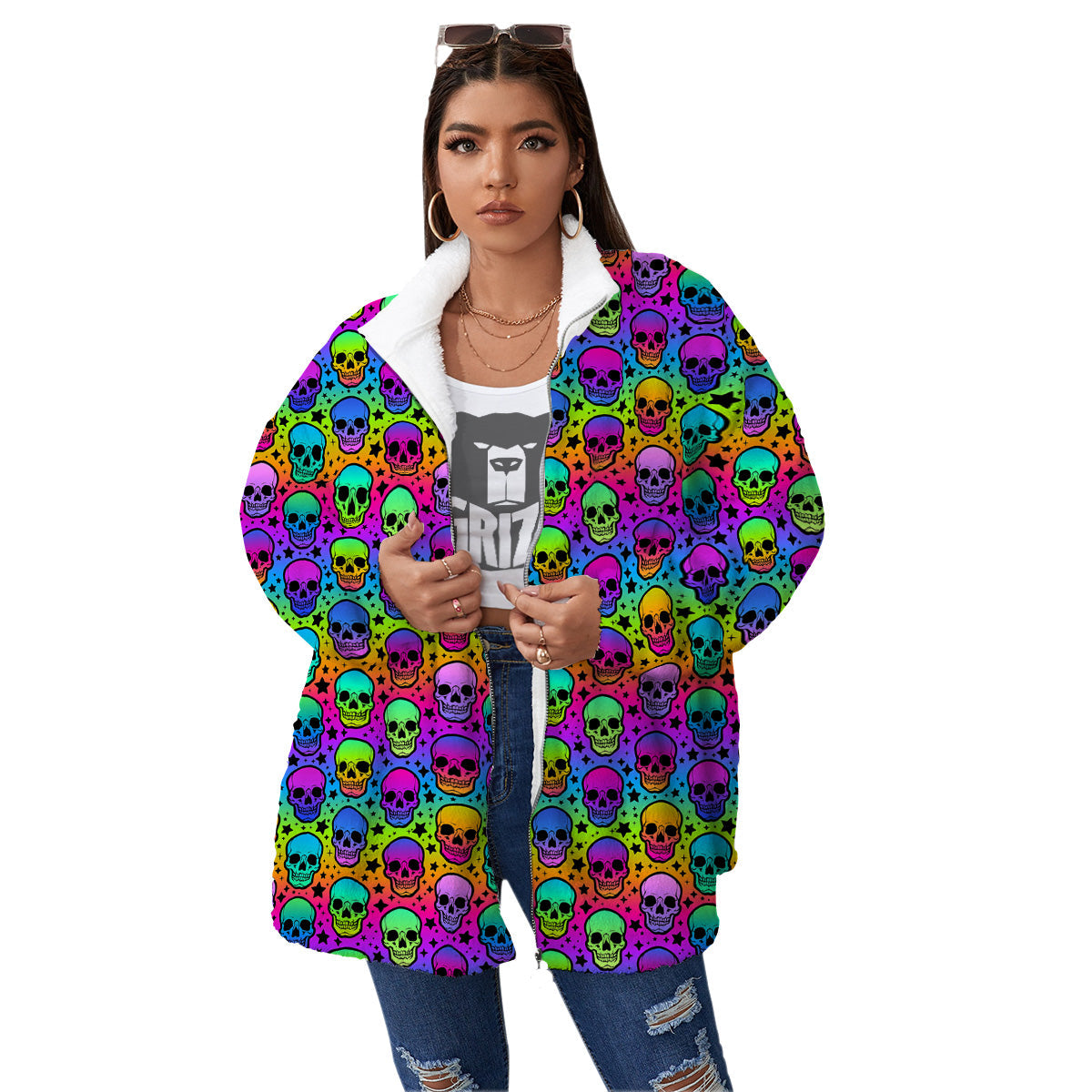 Neon Bright Human Skulls Print Pattern Women's Sherpa Jacket-grizzshop