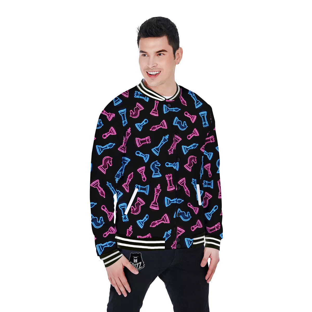 Neon Chess Pieces Print Pattern Baseball Jacket-grizzshop