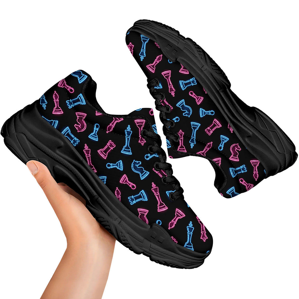 Neon Chess Pieces Print Pattern Black Chunky Shoes-grizzshop