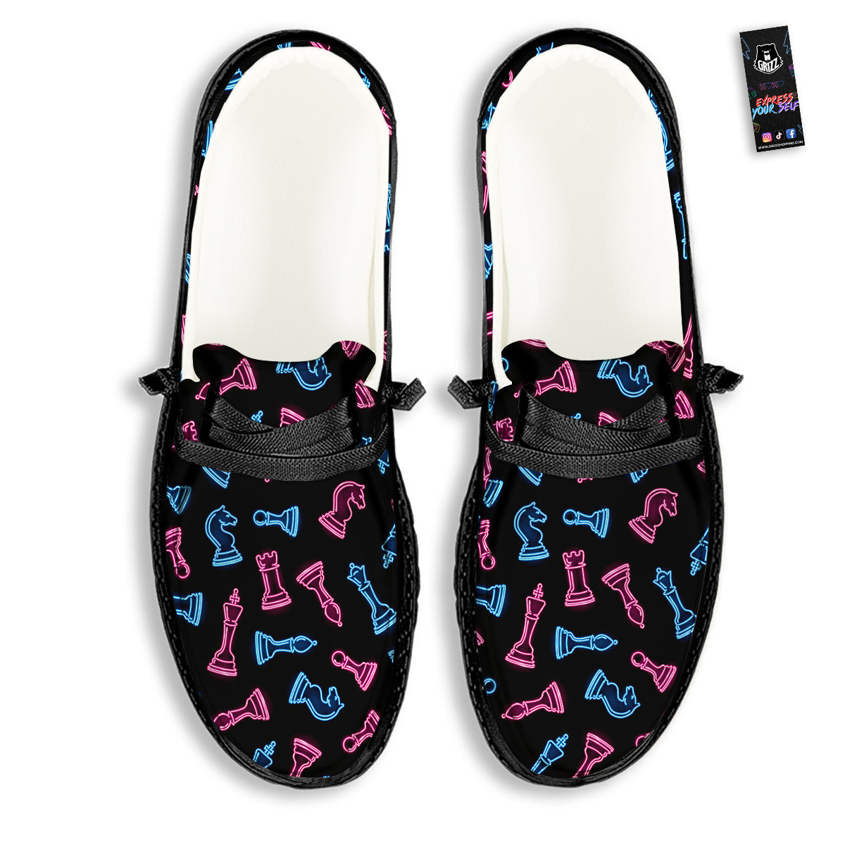 Neon Chess Pieces Print Pattern Black Loafers-grizzshop