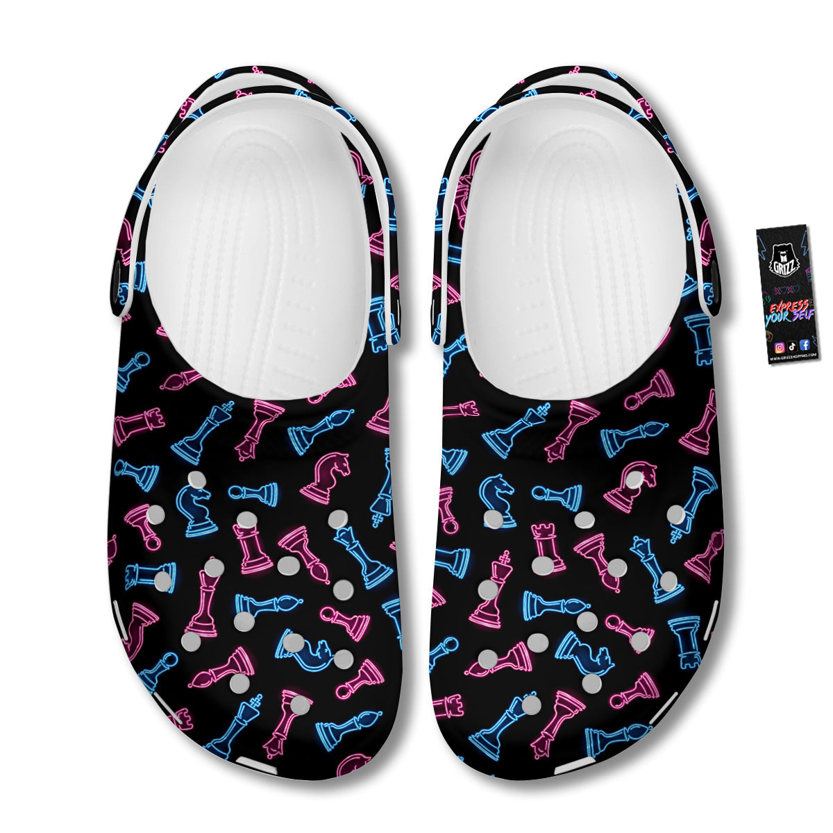 Neon Chess Pieces Print Pattern Clog-grizzshop
