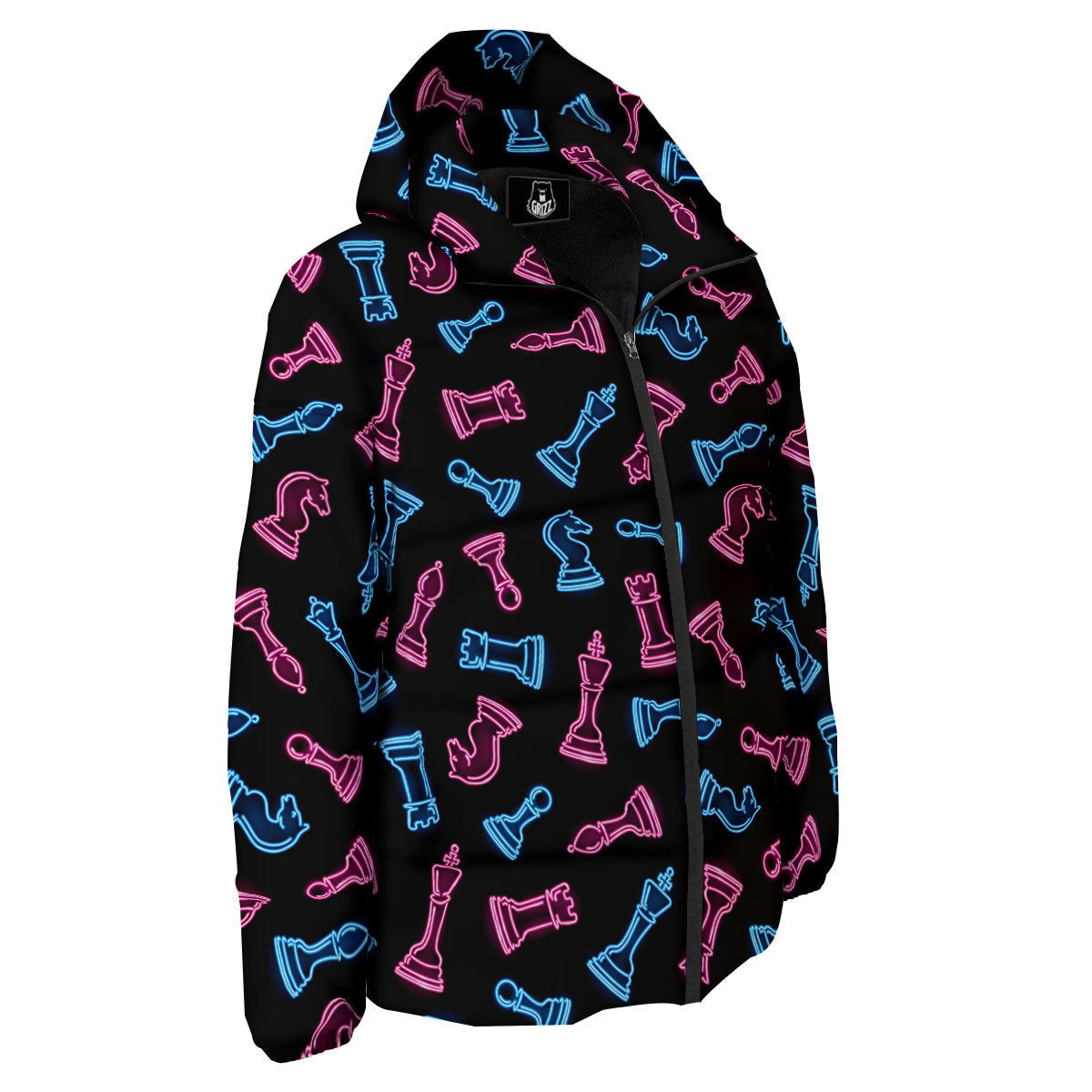 Neon Chess Pieces Print Pattern Down Jacket-grizzshop