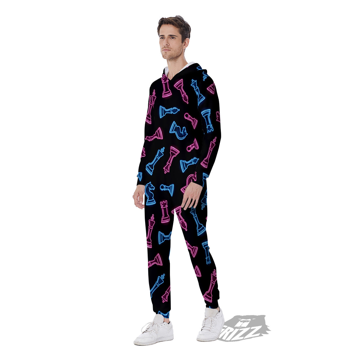 Neon Chess Pieces Print Pattern Men's Jumpsuit-grizzshop