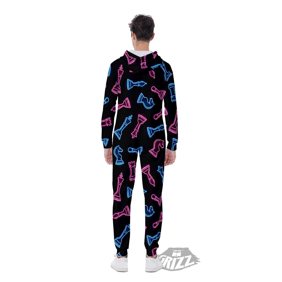 Neon Chess Pieces Print Pattern Men's Jumpsuit-grizzshop