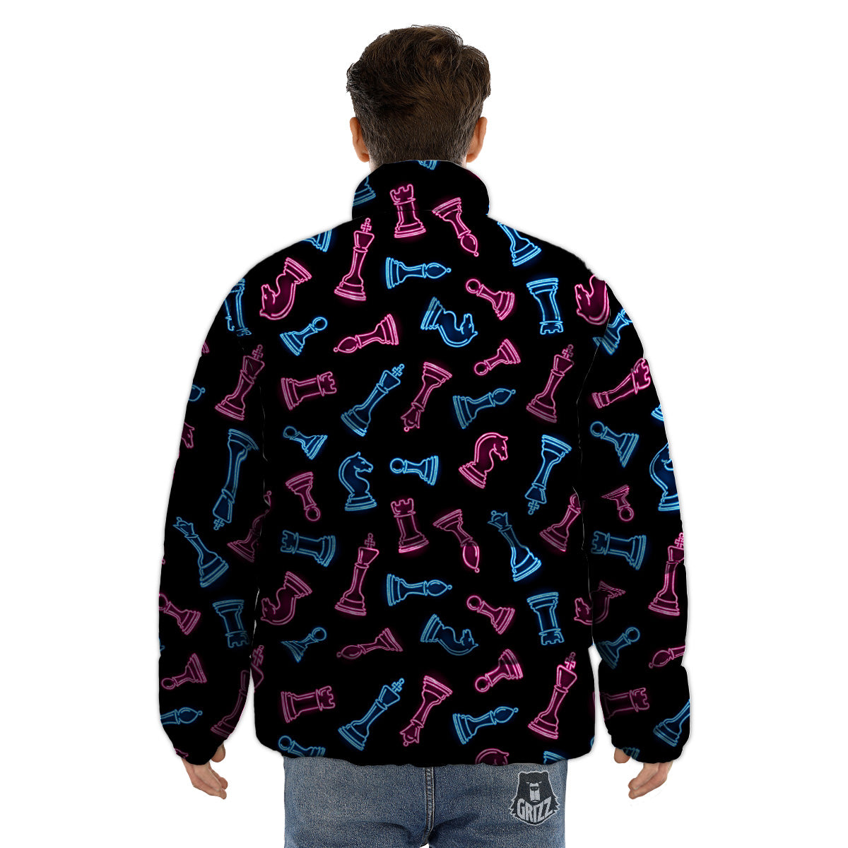 Neon Chess Pieces Print Pattern Puffer Jacket-grizzshop