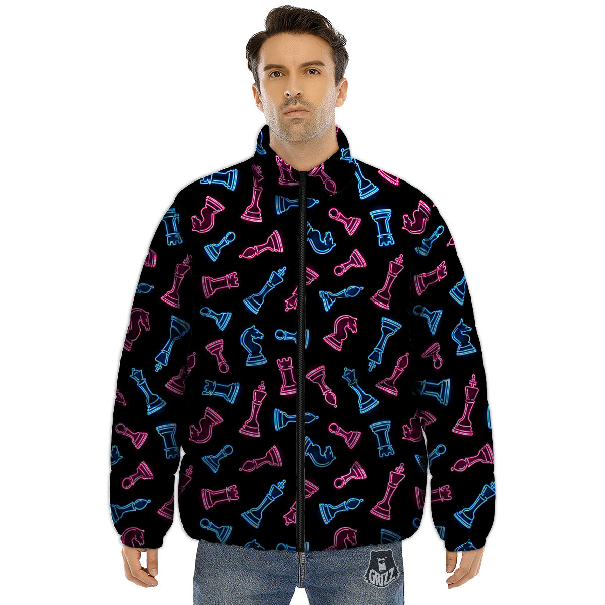 Neon Chess Pieces Print Pattern Puffer Jacket-grizzshop