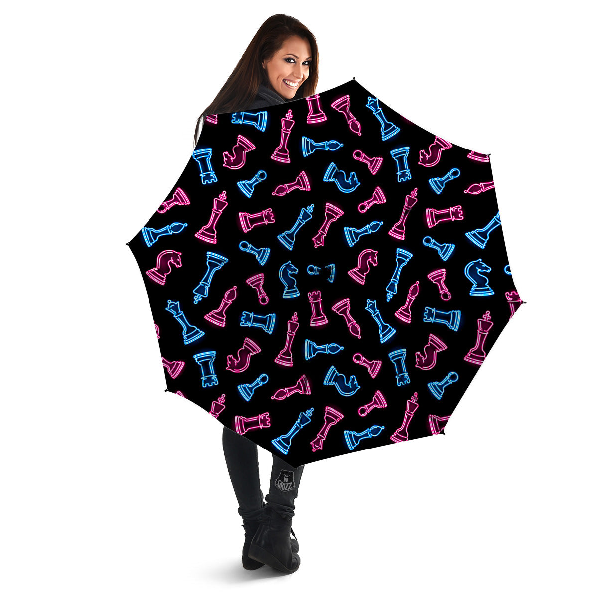 Neon Chess Pieces Print Pattern Umbrella-grizzshop
