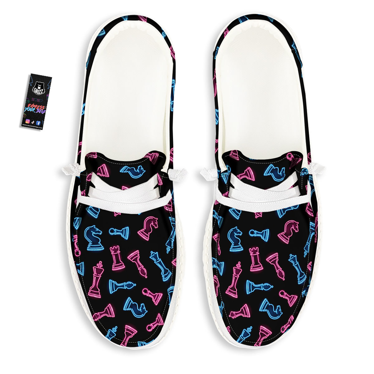 Neon Chess Pieces Print Pattern White Loafers-grizzshop