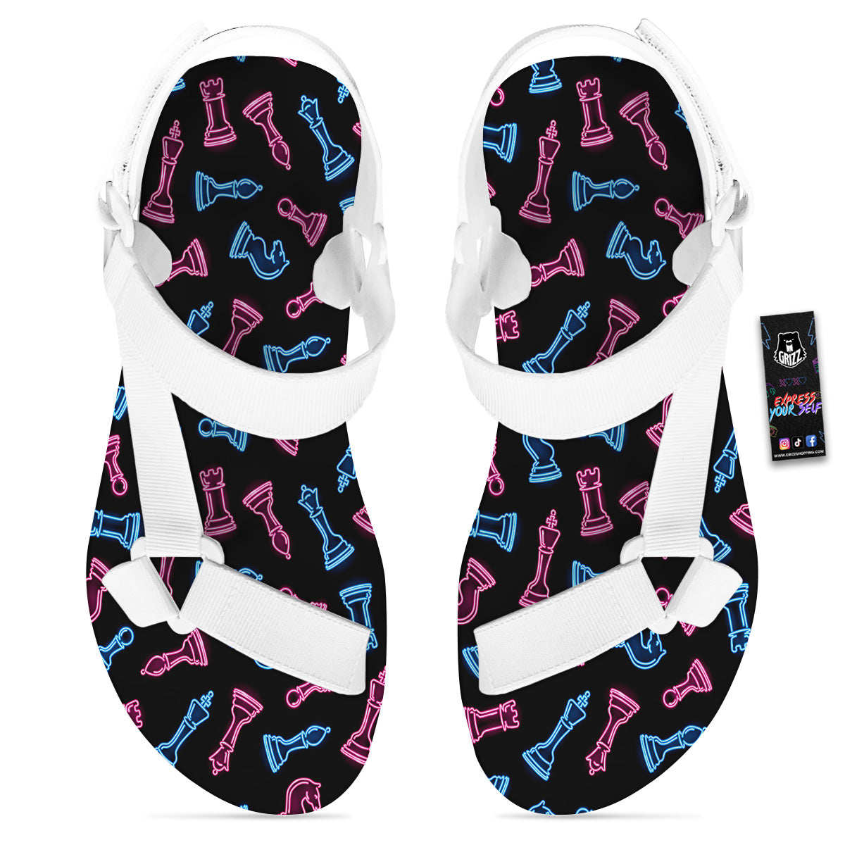 Neon Chess Pieces Print Pattern White Open Toe Sandals-grizzshop