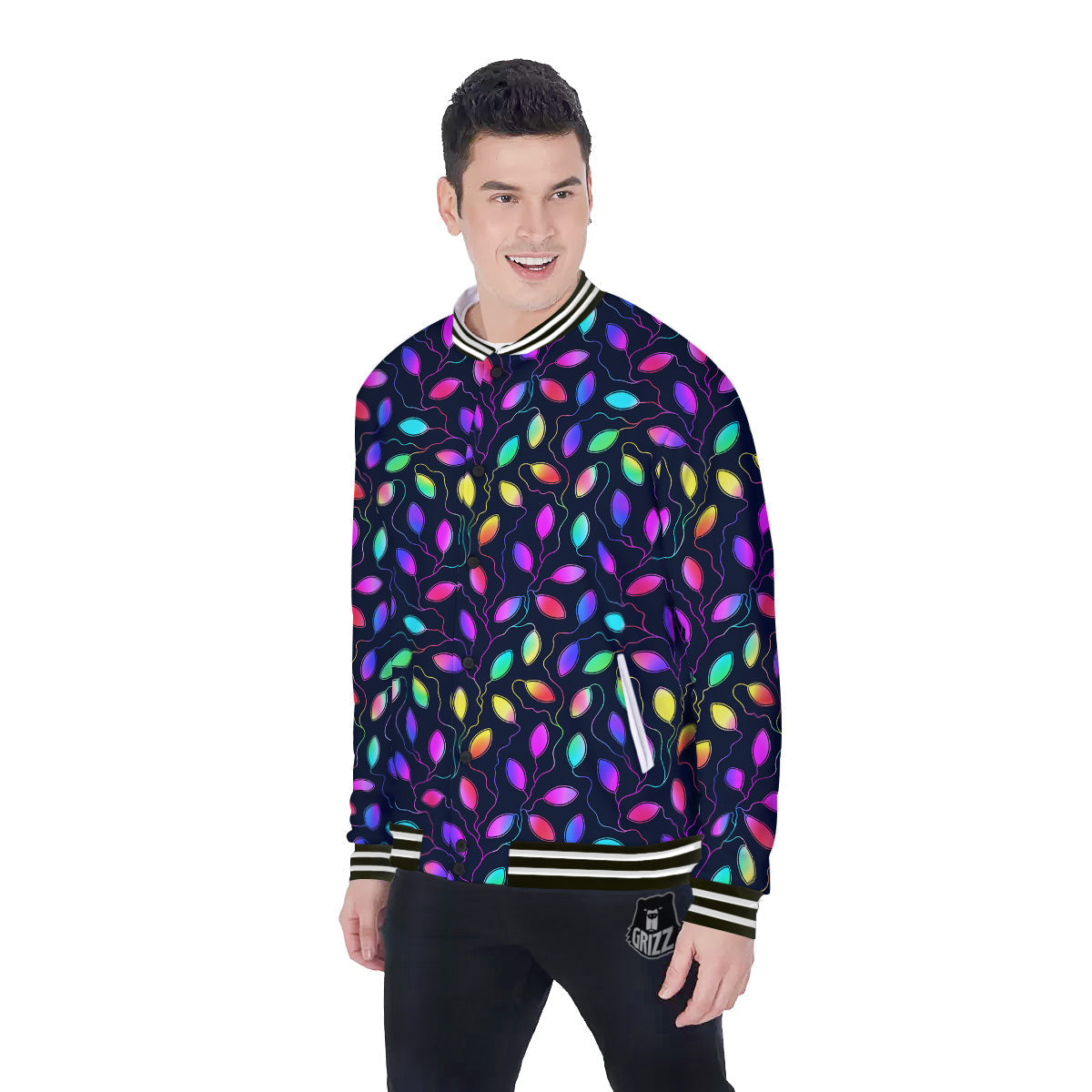 Neon Leaf Print Pattern Baseball Jacket-grizzshop