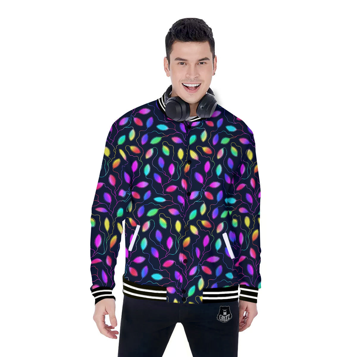 Neon Leaf Print Pattern Baseball Jacket-grizzshop