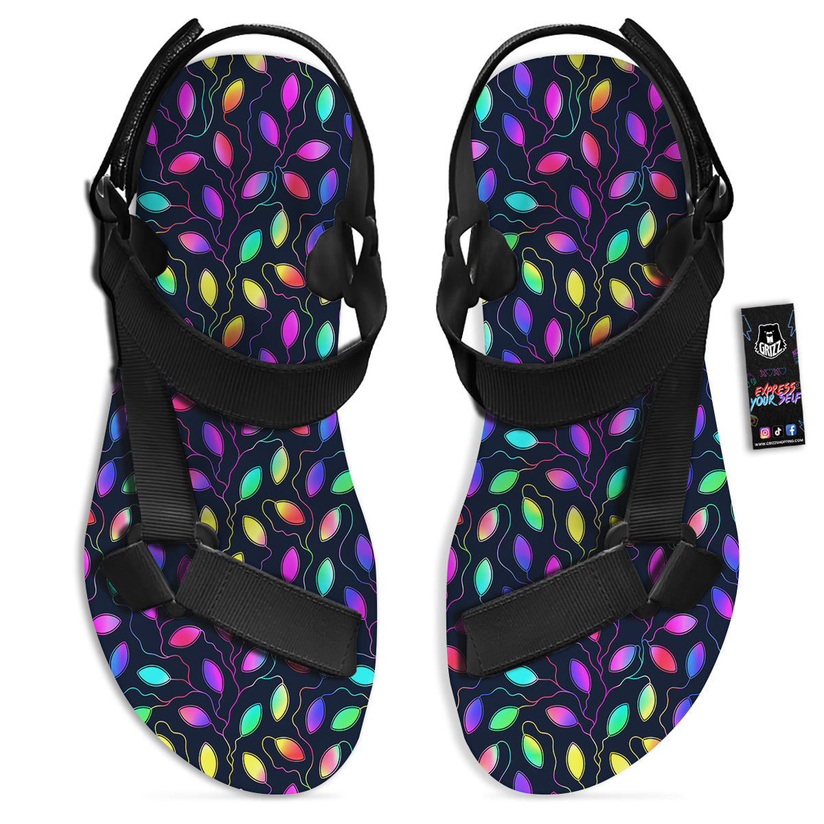 Neon Leaf Print Pattern Black Open Toe Sandals-grizzshop