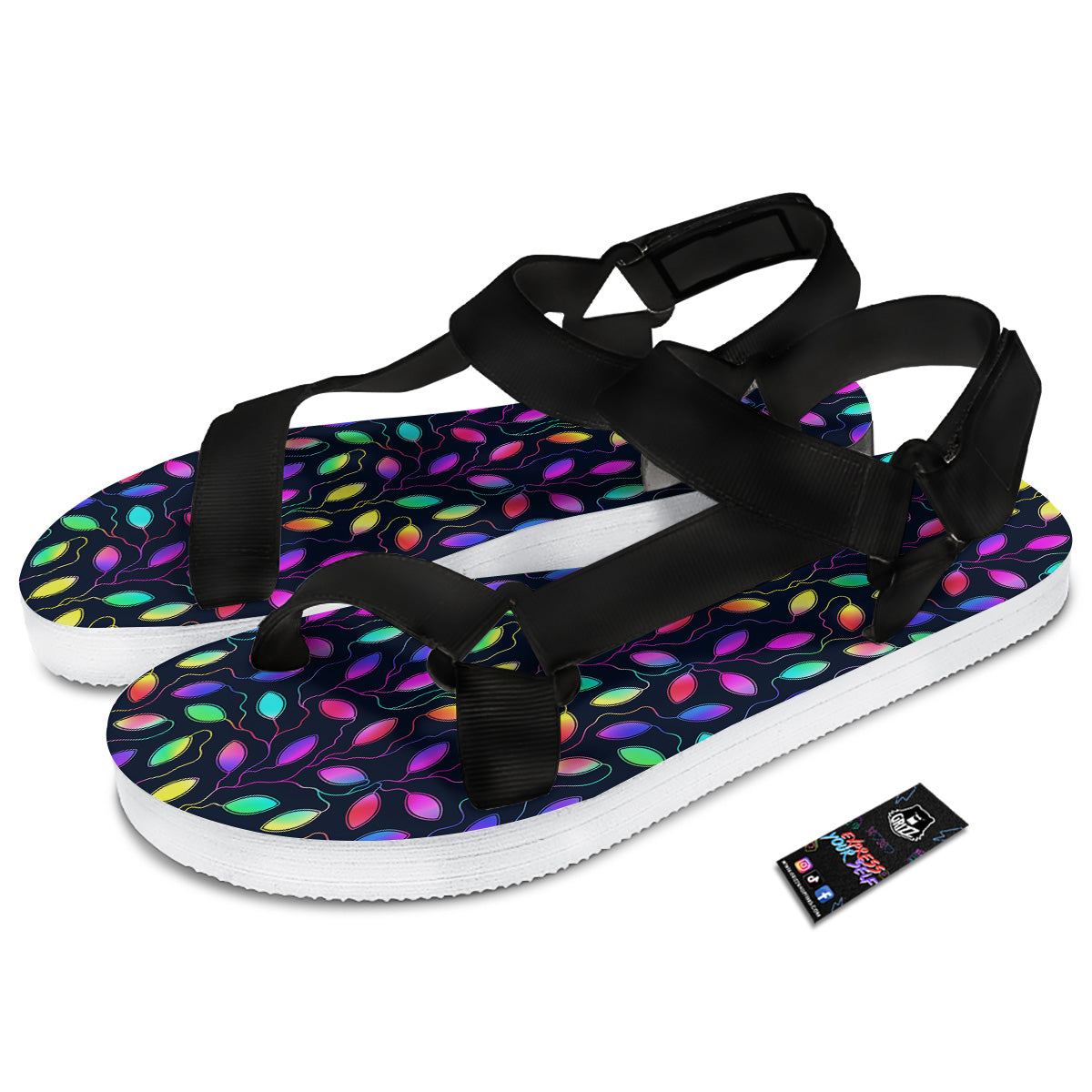 Neon Leaf Print Pattern Black Open Toe Sandals-grizzshop