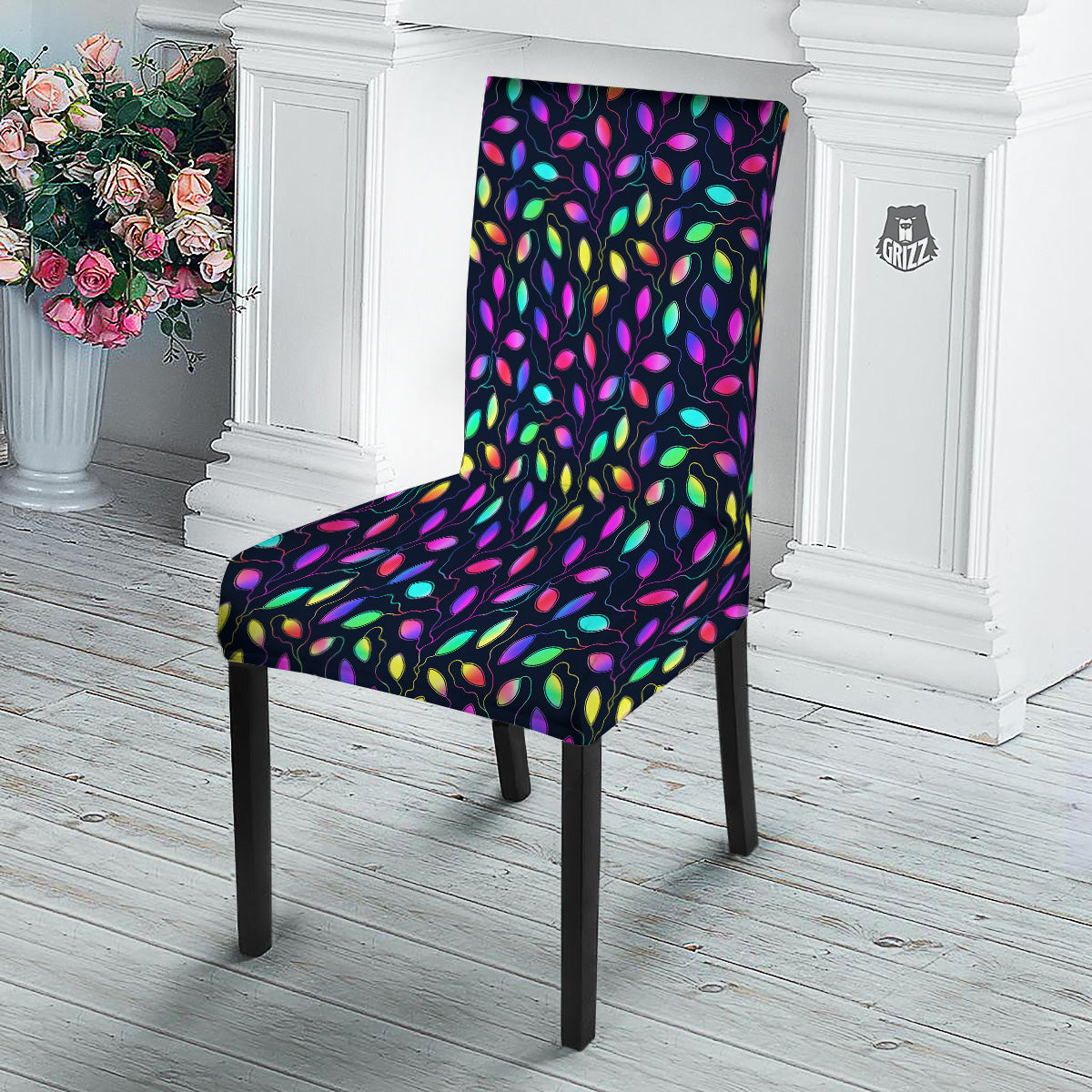 Neon Leaf Print Pattern Dining Chair Slipcover-grizzshop