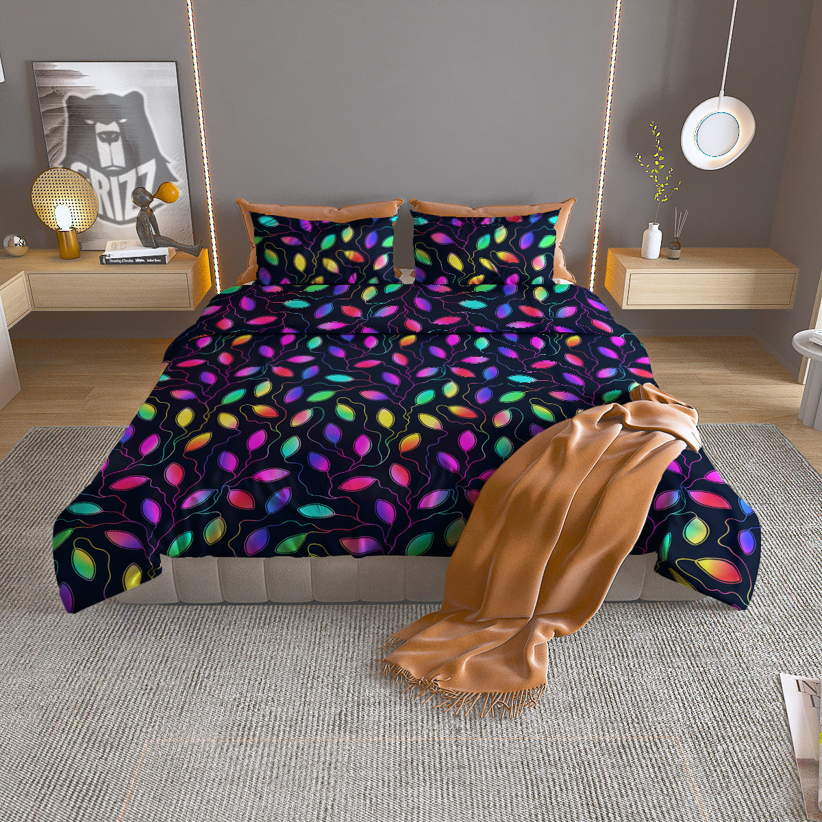 Neon Leaf Print Pattern Duvet Cover Bedding Set-grizzshop