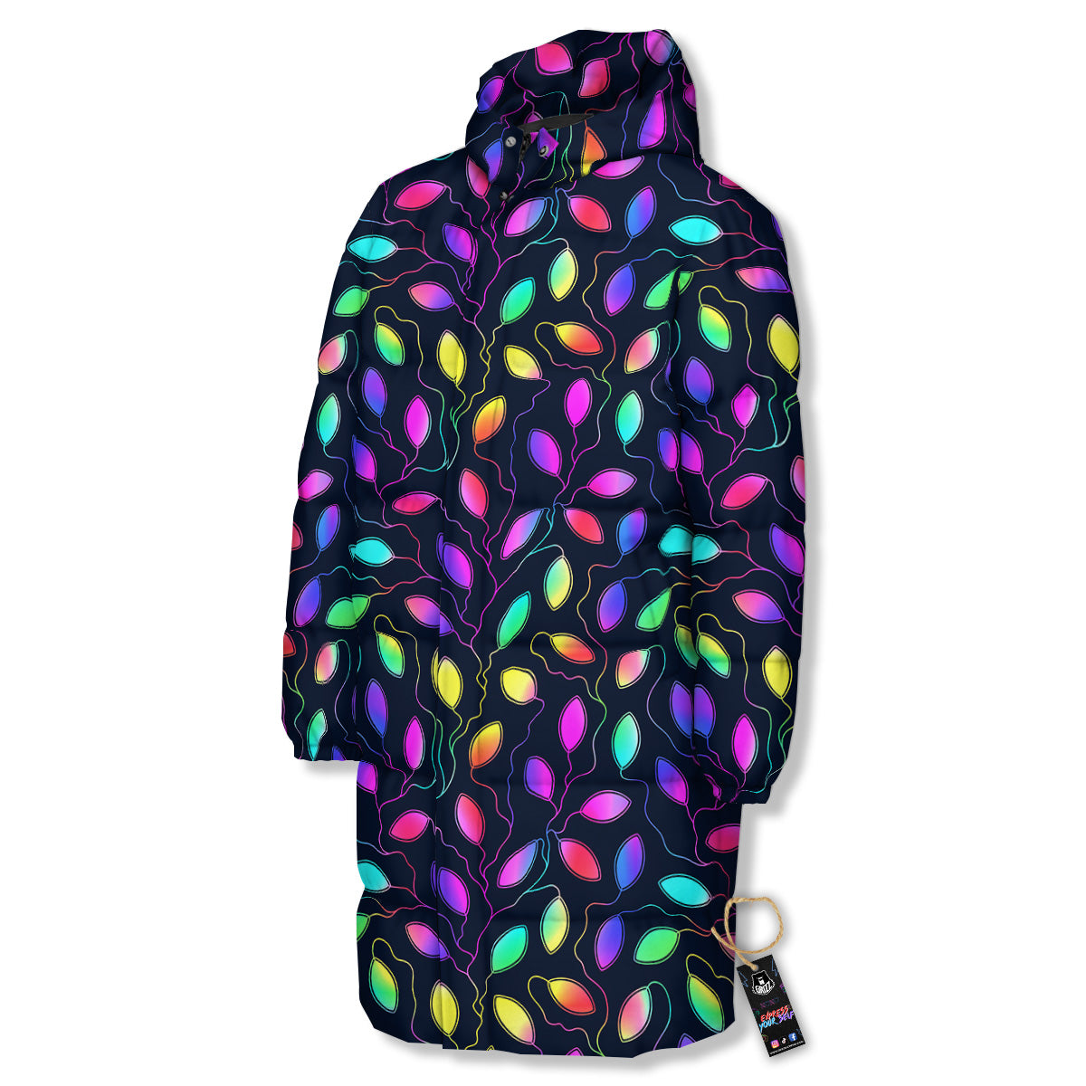 Neon Leaf Print Pattern Long Down Jacket-grizzshop