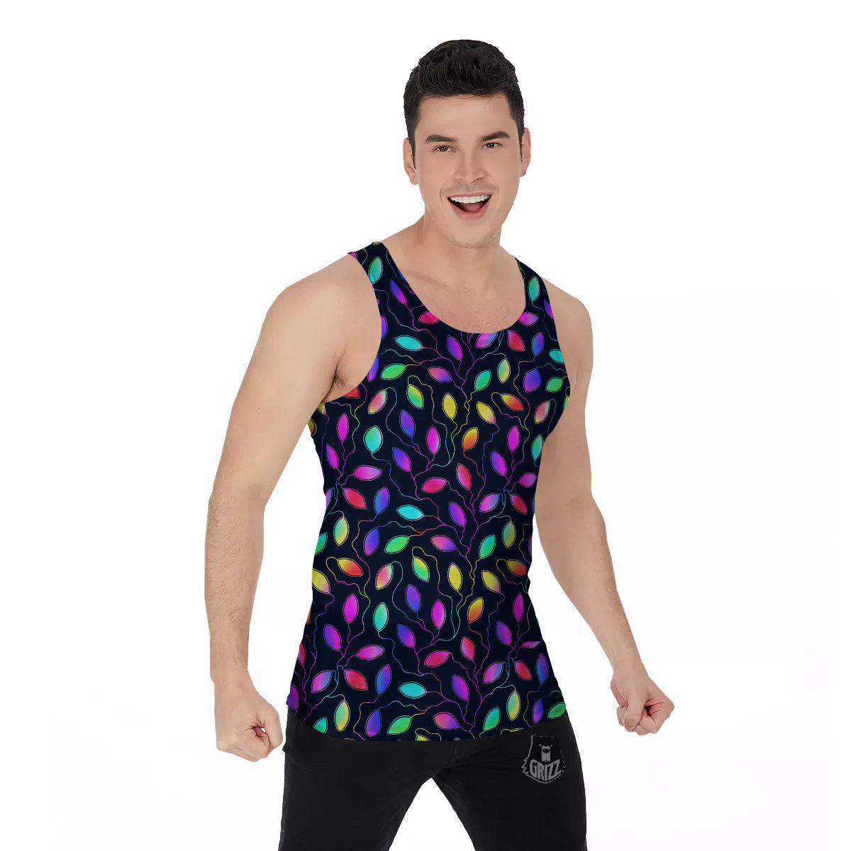 Neon Leaf Print Pattern Men's Tank Top-grizzshop