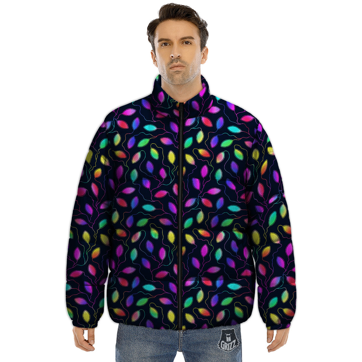 Neon Leaf Print Pattern Puffer Jacket-grizzshop