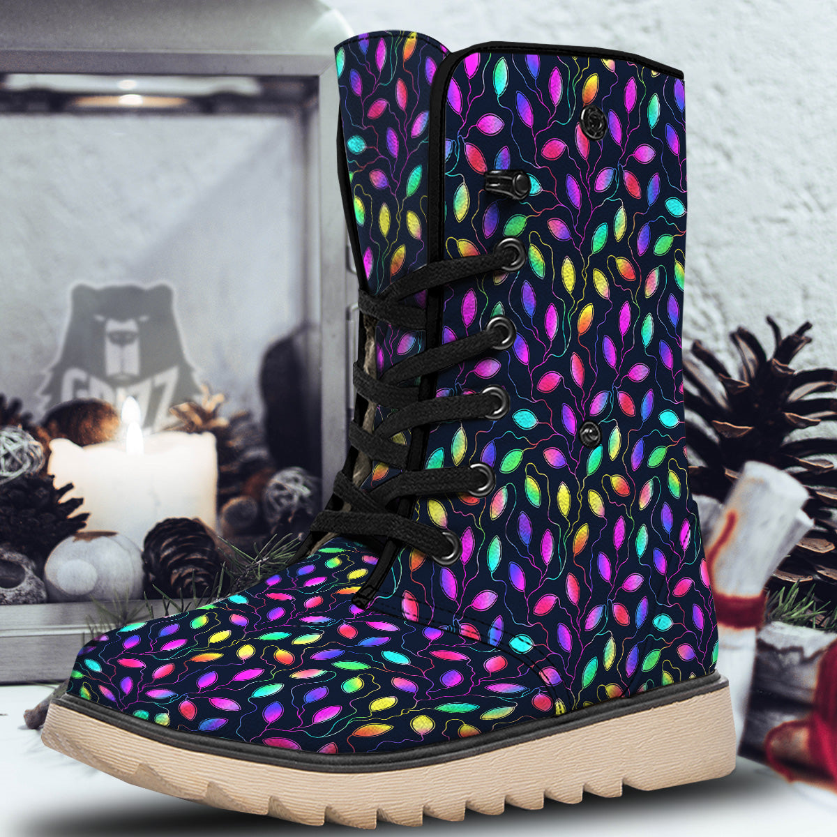 Neon Leaf Print Pattern Snow Boots-grizzshop