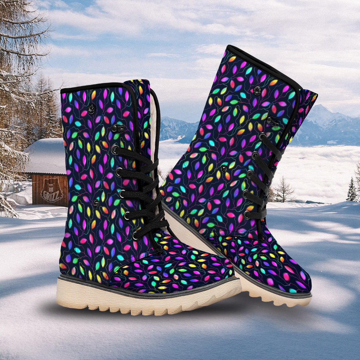 Neon Leaf Print Pattern Snow Boots-grizzshop