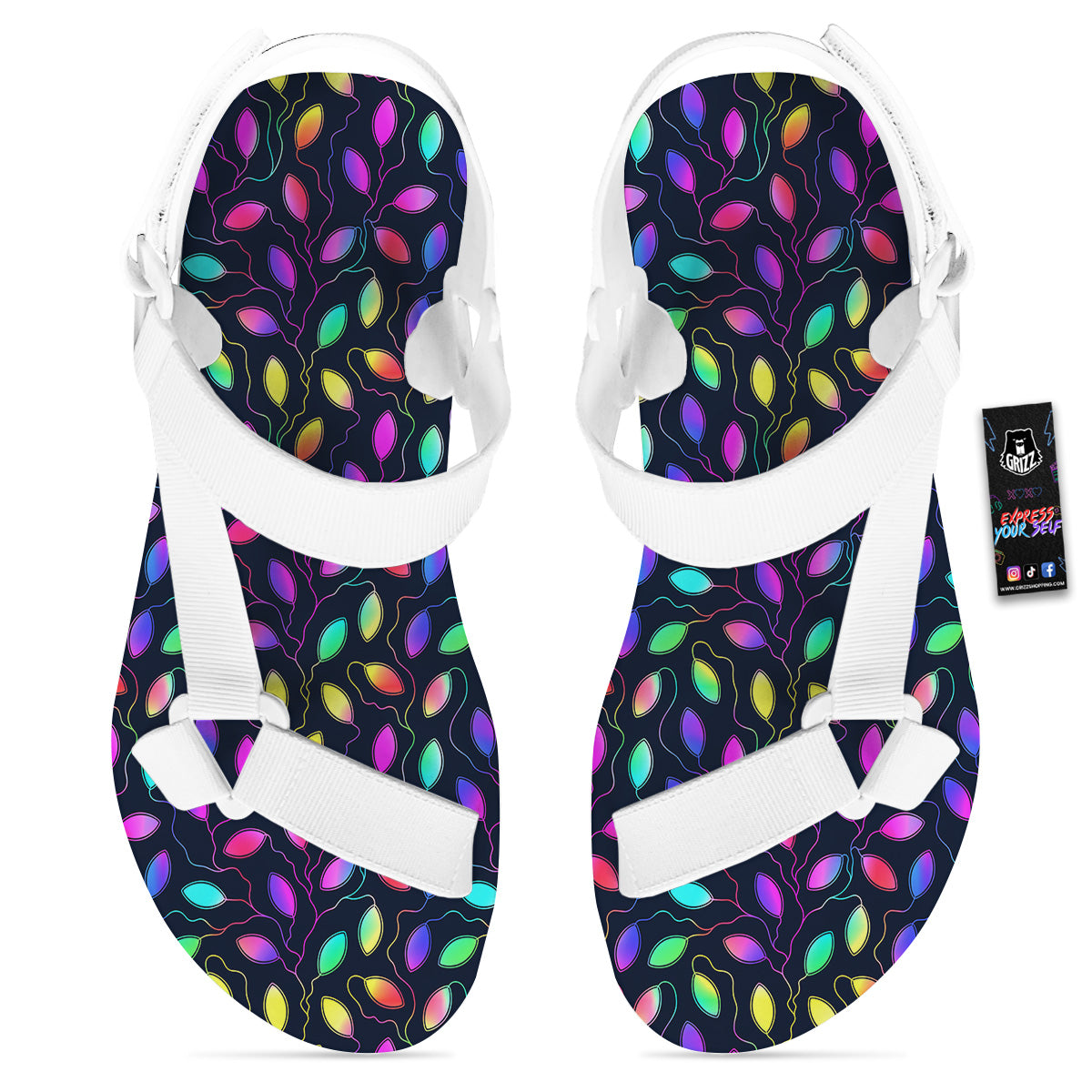 Neon Leaf Print Pattern White Open Toe Sandals-grizzshop