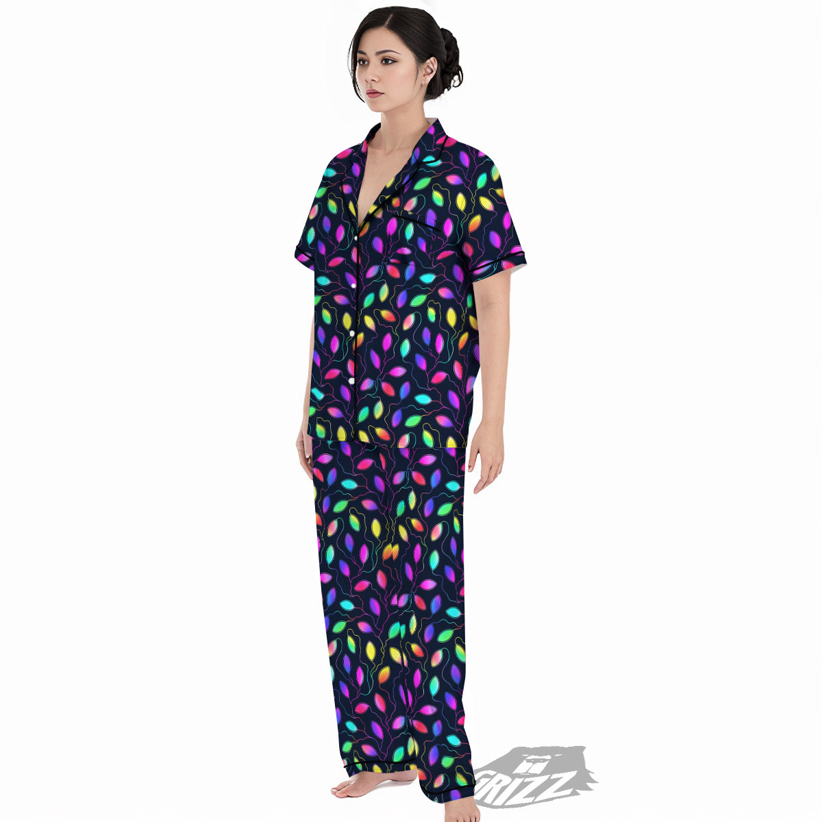 Neon Leaf Print Pattern Women's Pajamas Set-grizzshop