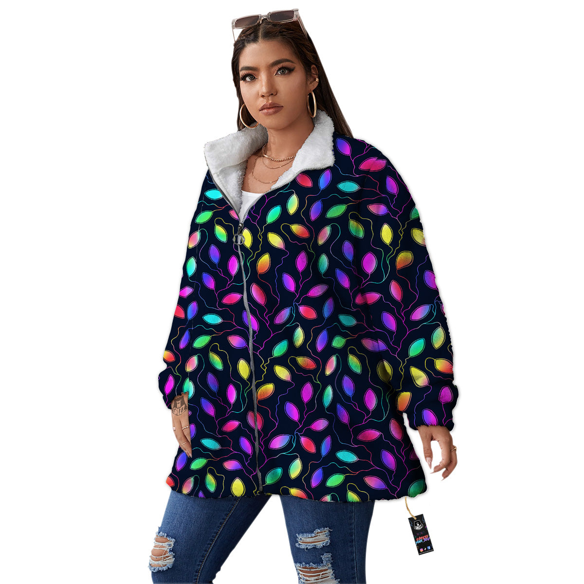 Neon Leaf Print Pattern Women's Sherpa Jacket-grizzshop
