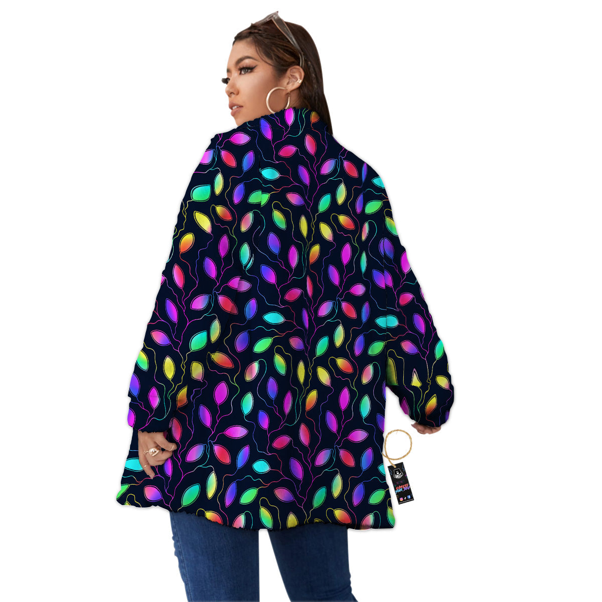 Neon Leaf Print Pattern Women's Sherpa Jacket-grizzshop