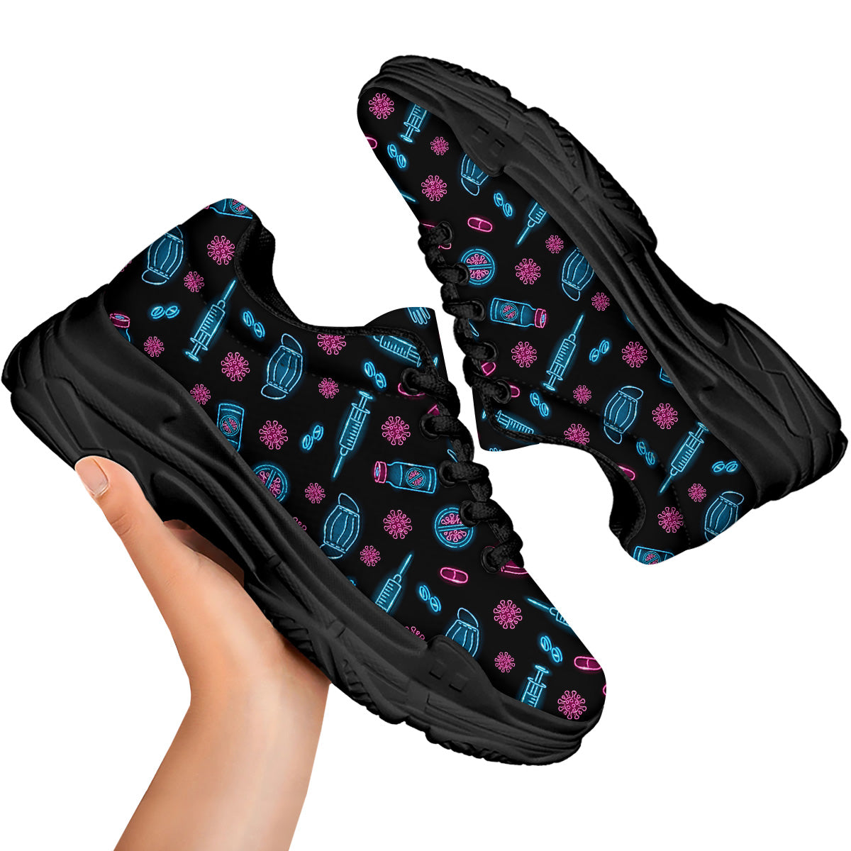 Neon Medical Equipment Print Pattern Black Chunky Shoes-grizzshop